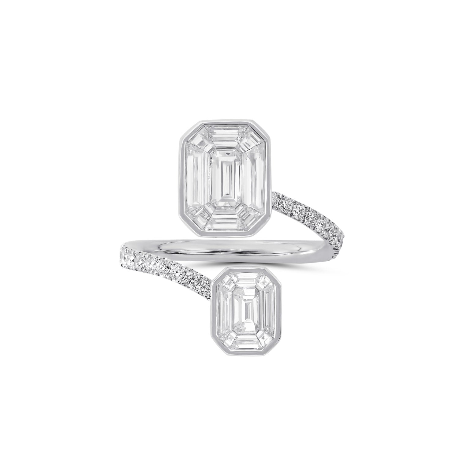 White gold RIng with two big diamonds and diamond pavee ring shank